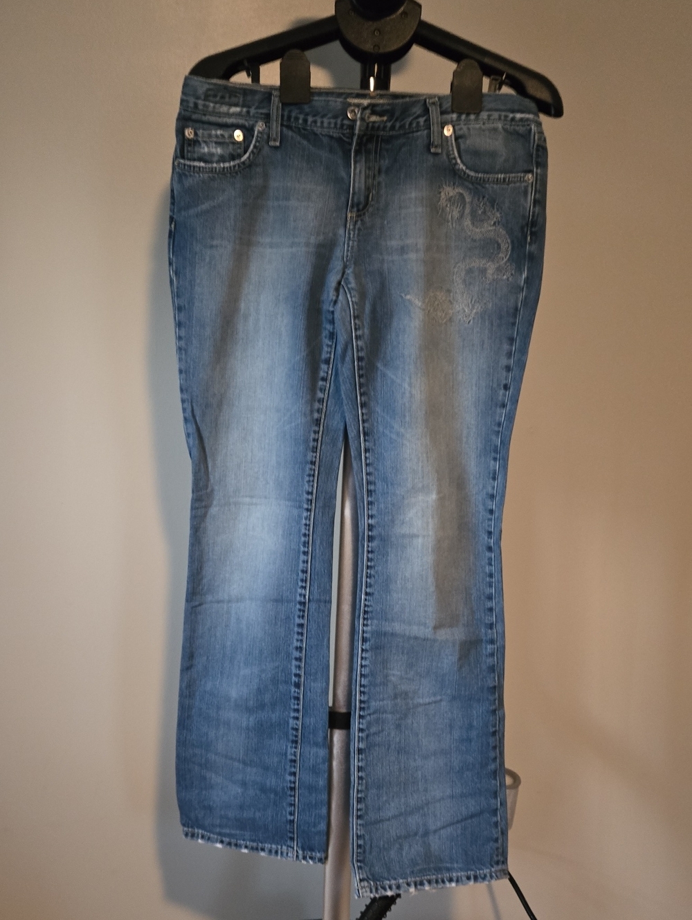 Women's Blue Flare Jeans with Subtle Embroidery